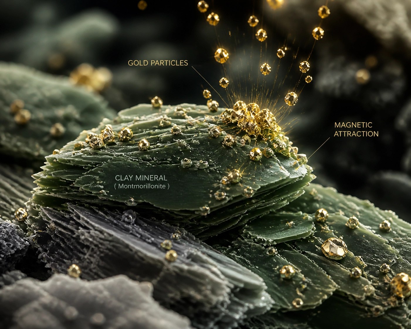 Microscopic view of clay minerals attracting toxins through ionic exchange and adsorption.
