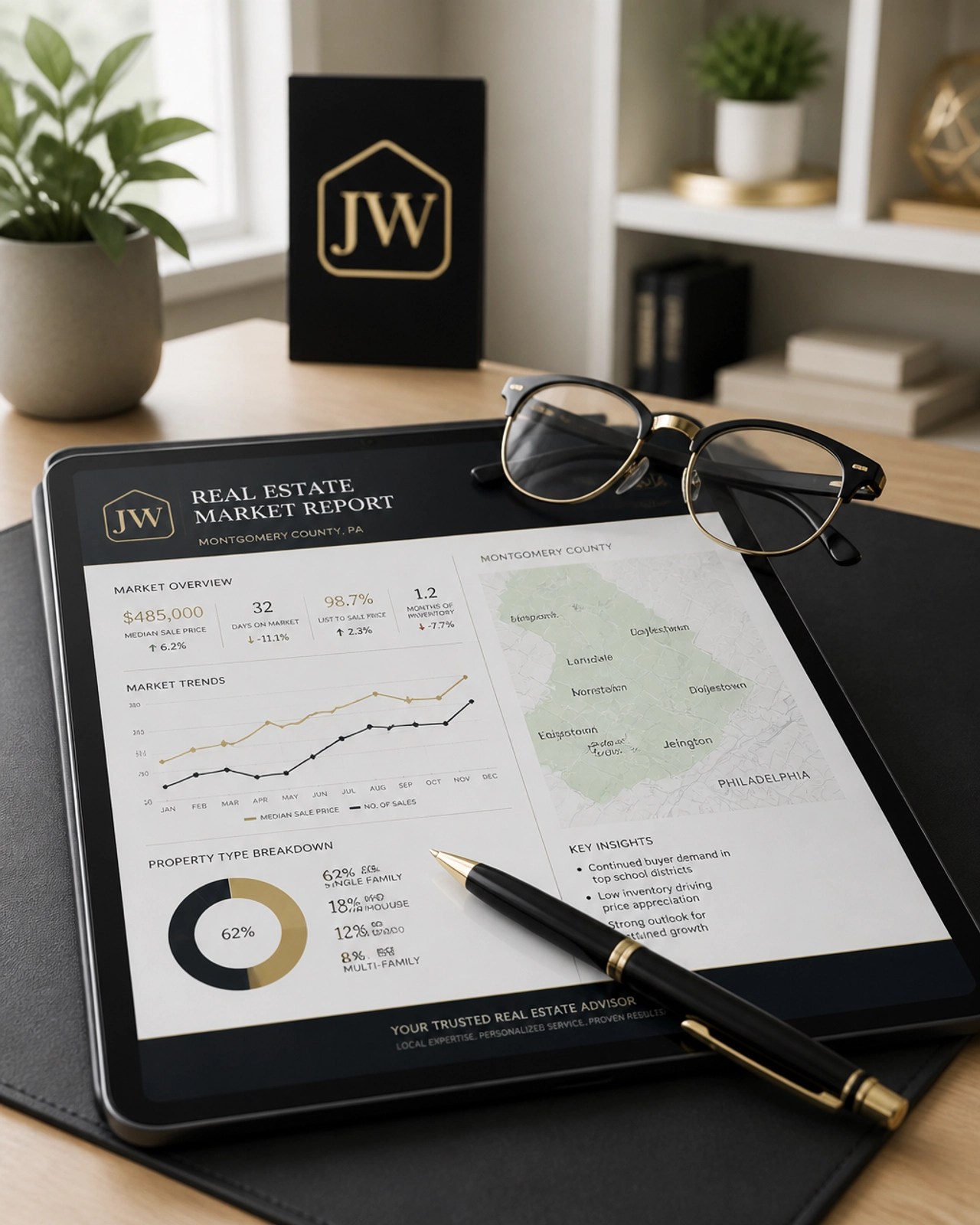 A modern home office setup with a real estate market report for Montgomery County