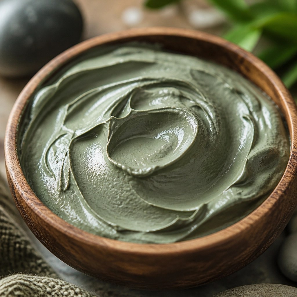 Creamy texture of French green clay in a wooden bowl