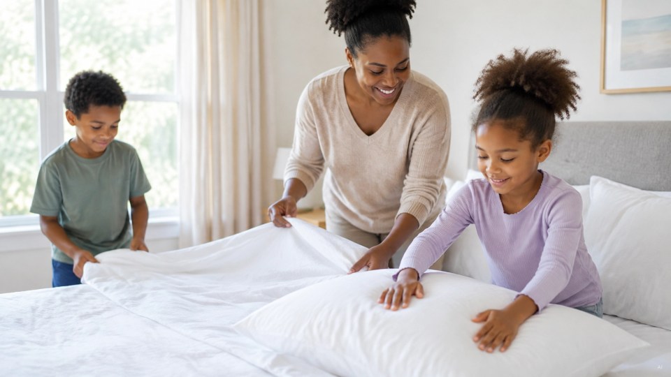 Asthma in black children: a black caregiver and two children make a bed with fresh, clean bedding.