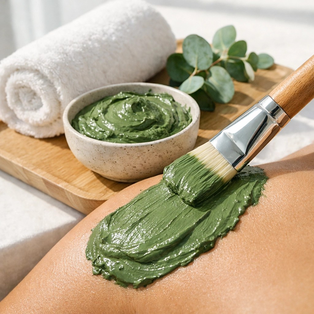 Modern application of a French green clay mask for skincare and natural detox in a peaceful wellness spa.