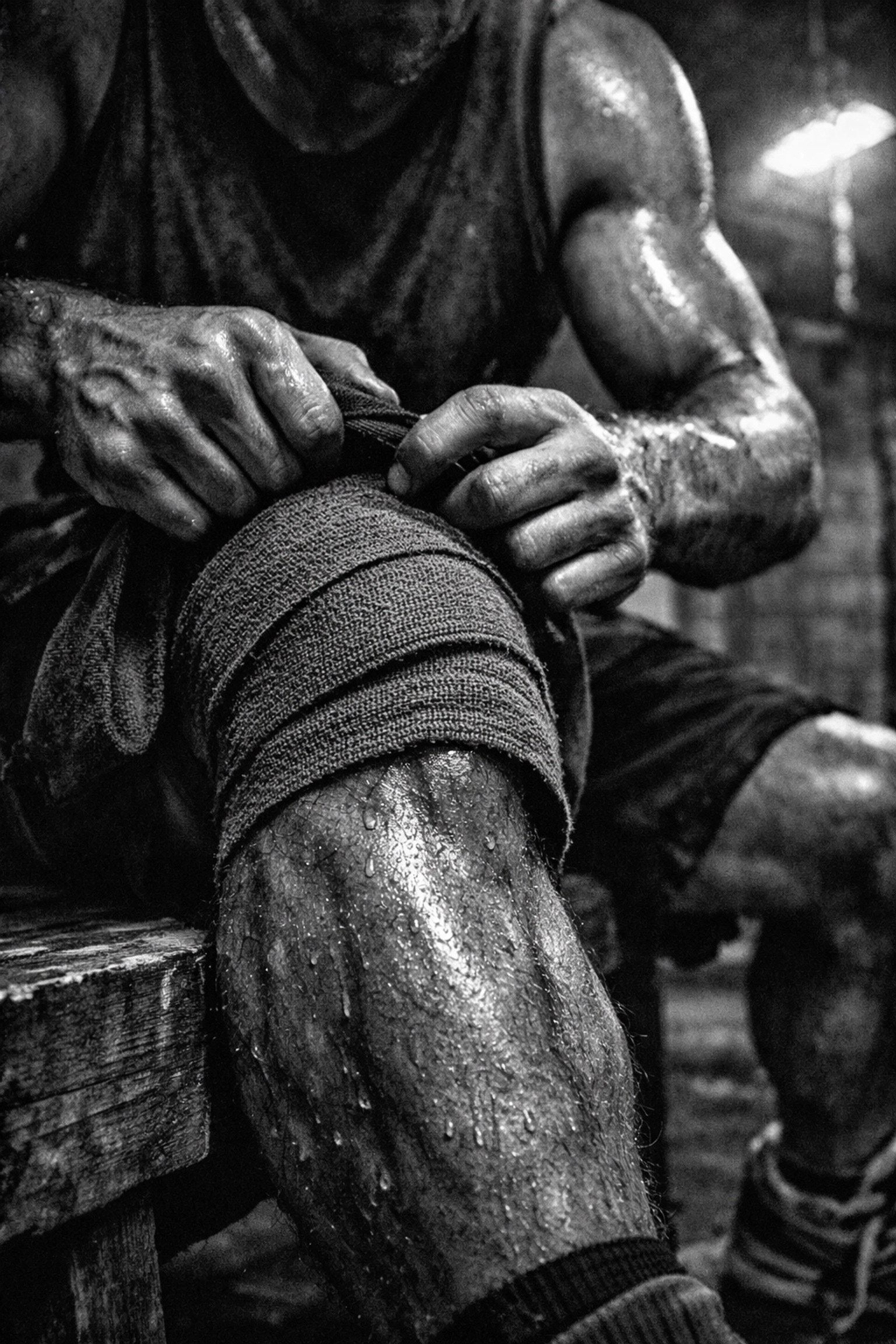 Gritty shot of an athlete wrapping a knee with a compression bandage, highlighting intense sports recovery and resilience.