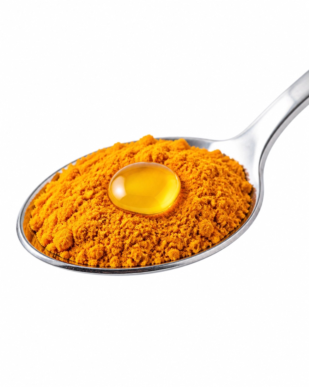 Primer plano de una cuchara con polvo de cúrcuma y una gota de aceite, ilustrando la importancia de la solubilidad en grasas para la absorción de la curcumina.