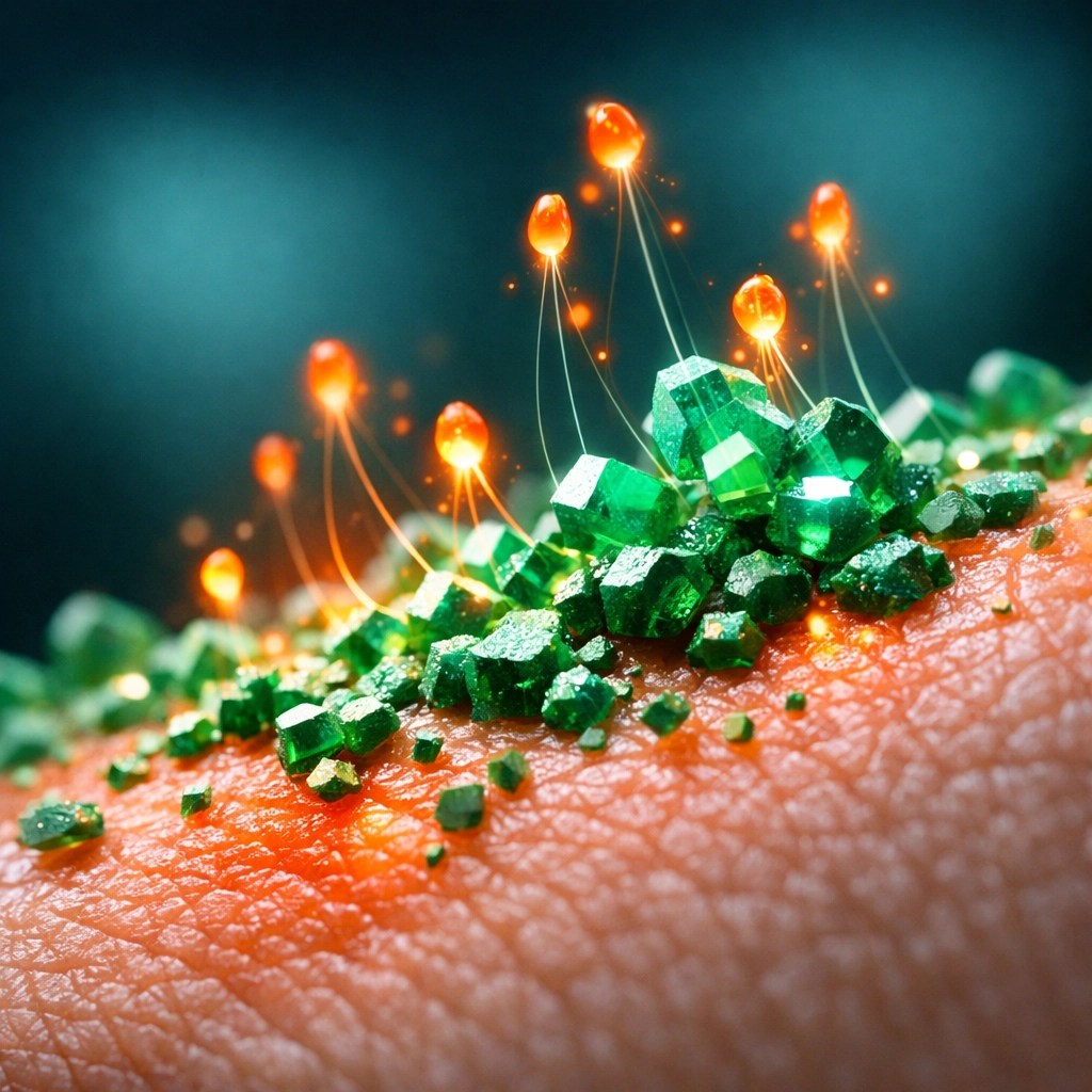 Microscopic view of green clay minerals drawing out inflammation from an athlete's skin for faster healing.
