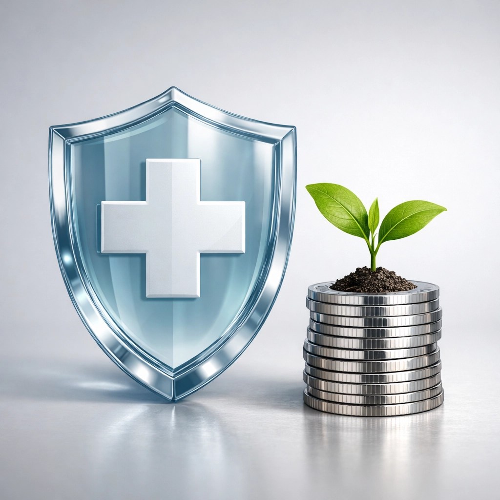 Medical shield and growing plant on coins representing small business health insurance savings and tax credits.