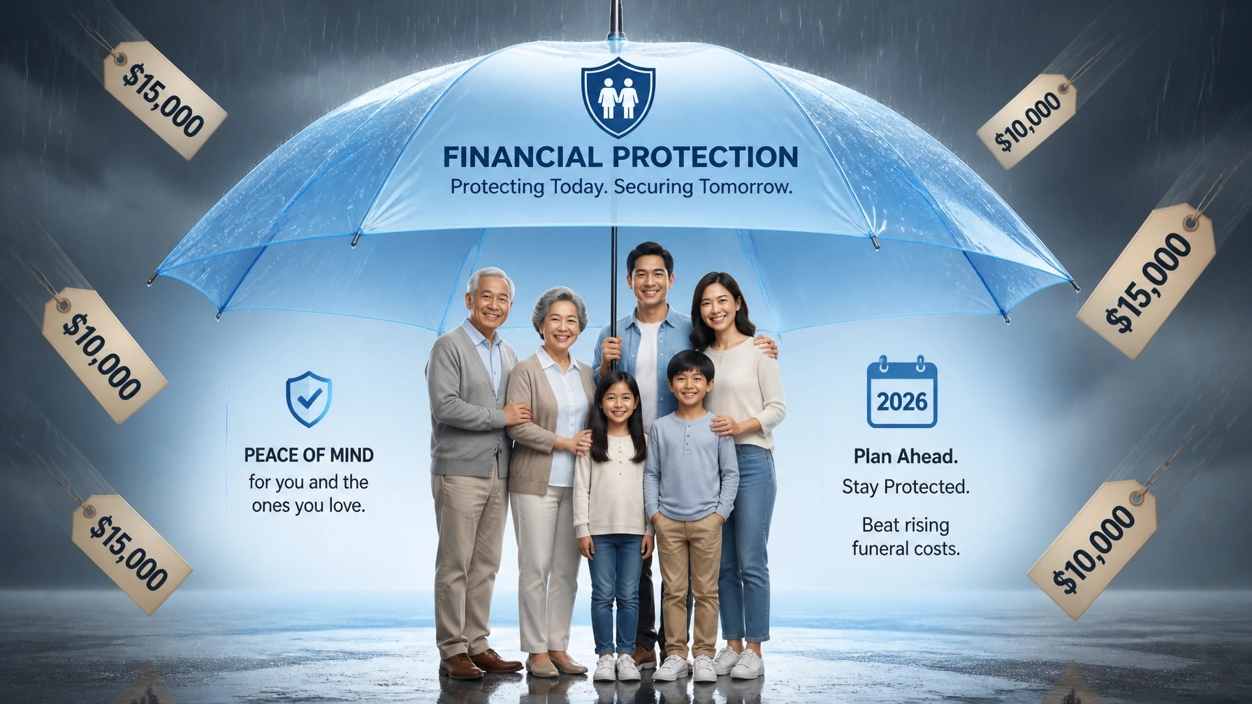 Illustration of a family protected by an insurance shield