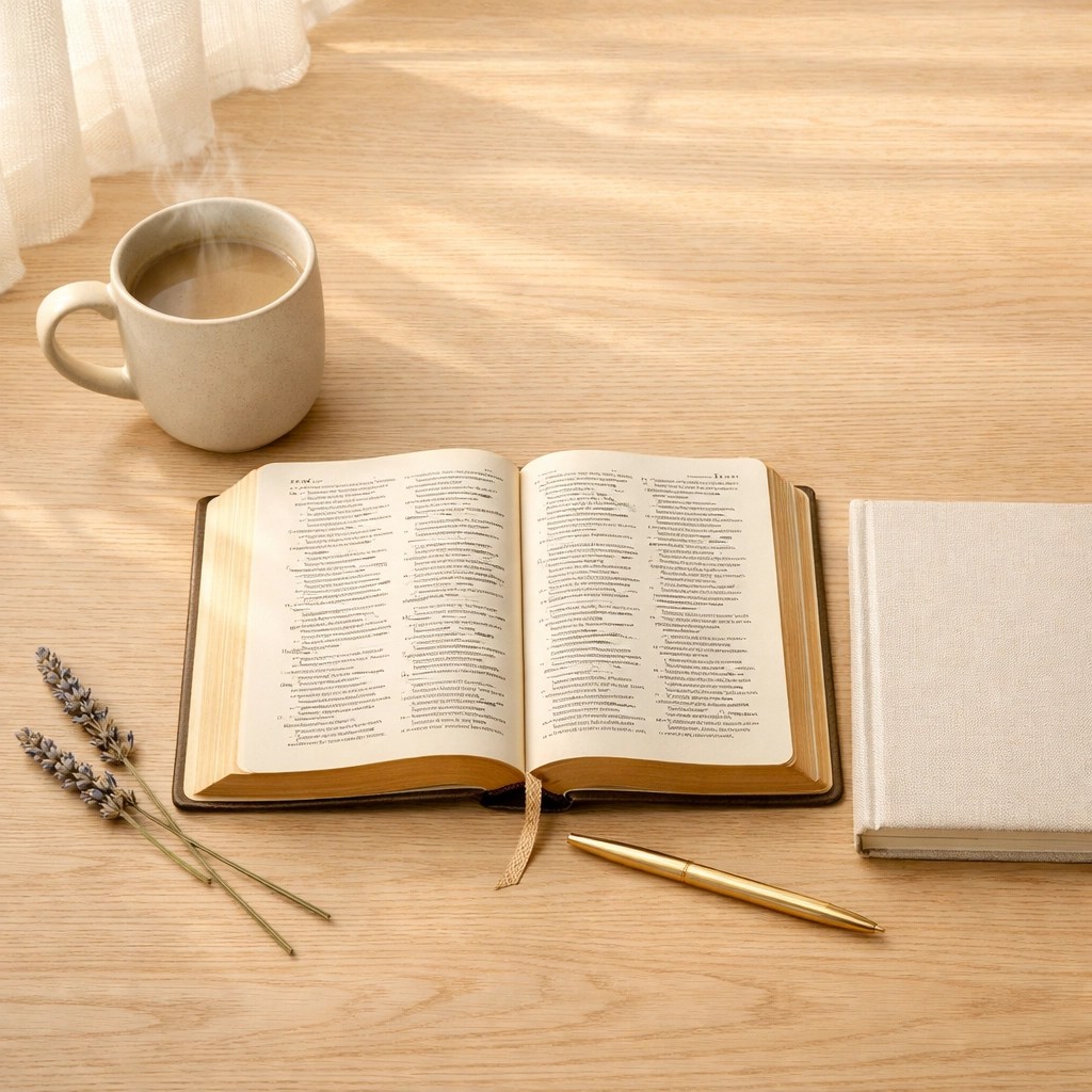 Open Bible and journal on a desk for spiritual growth during the #75DayHolyGirl challenge.