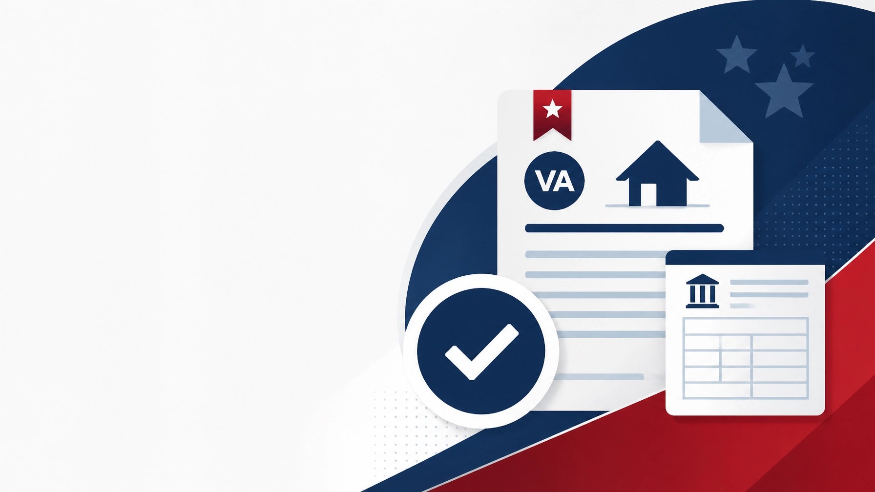 Abstract VA home-loan document, check mark, and tax form icons in a clean red, white, and blue design