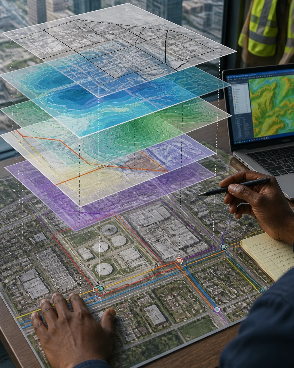 Technical environmental planning map showing census tract boundaries, flood risk, traffic routes, air monitoring points, and project study areas