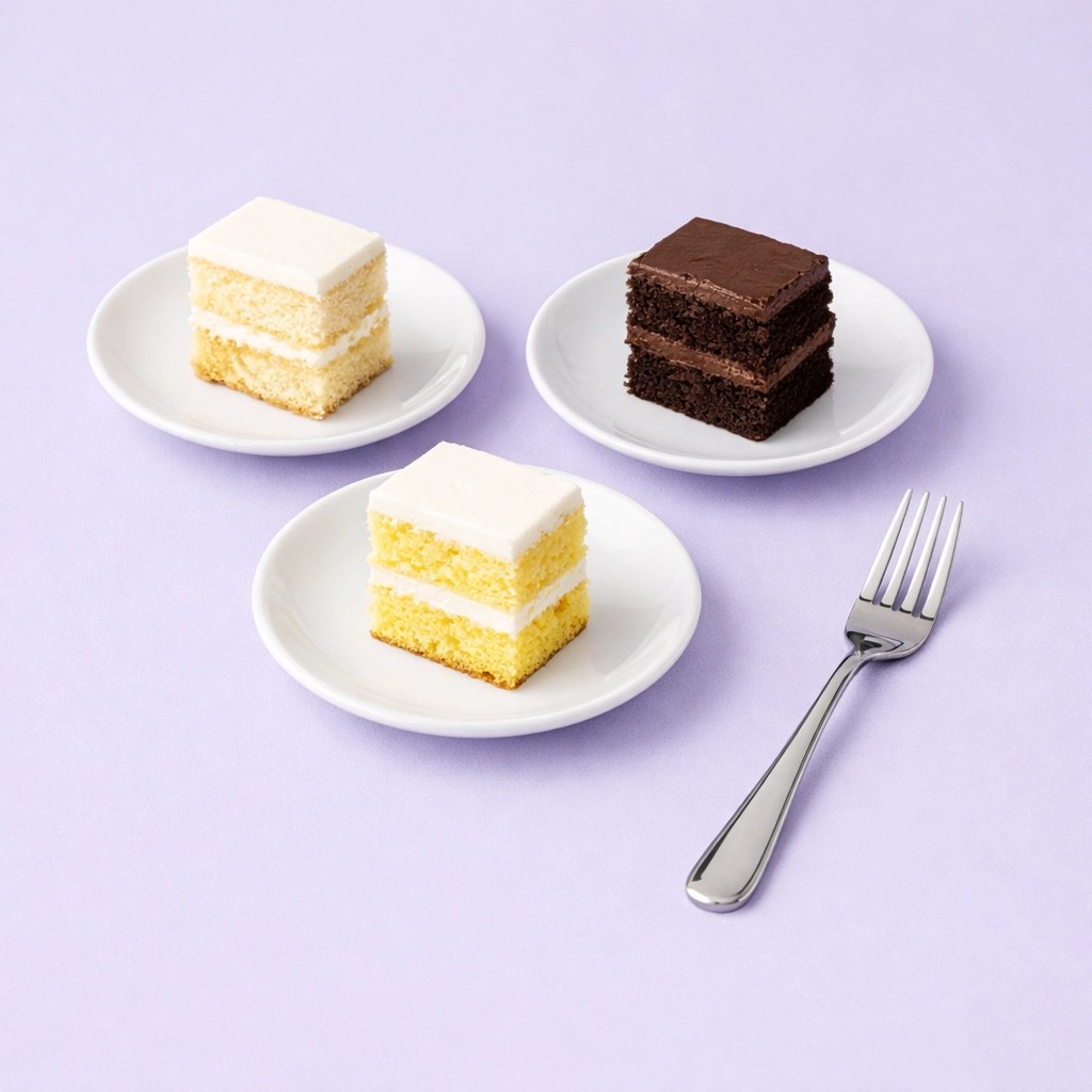 Three slices of wedding cake including vanilla, chocolate and lemon during a tasting session.
