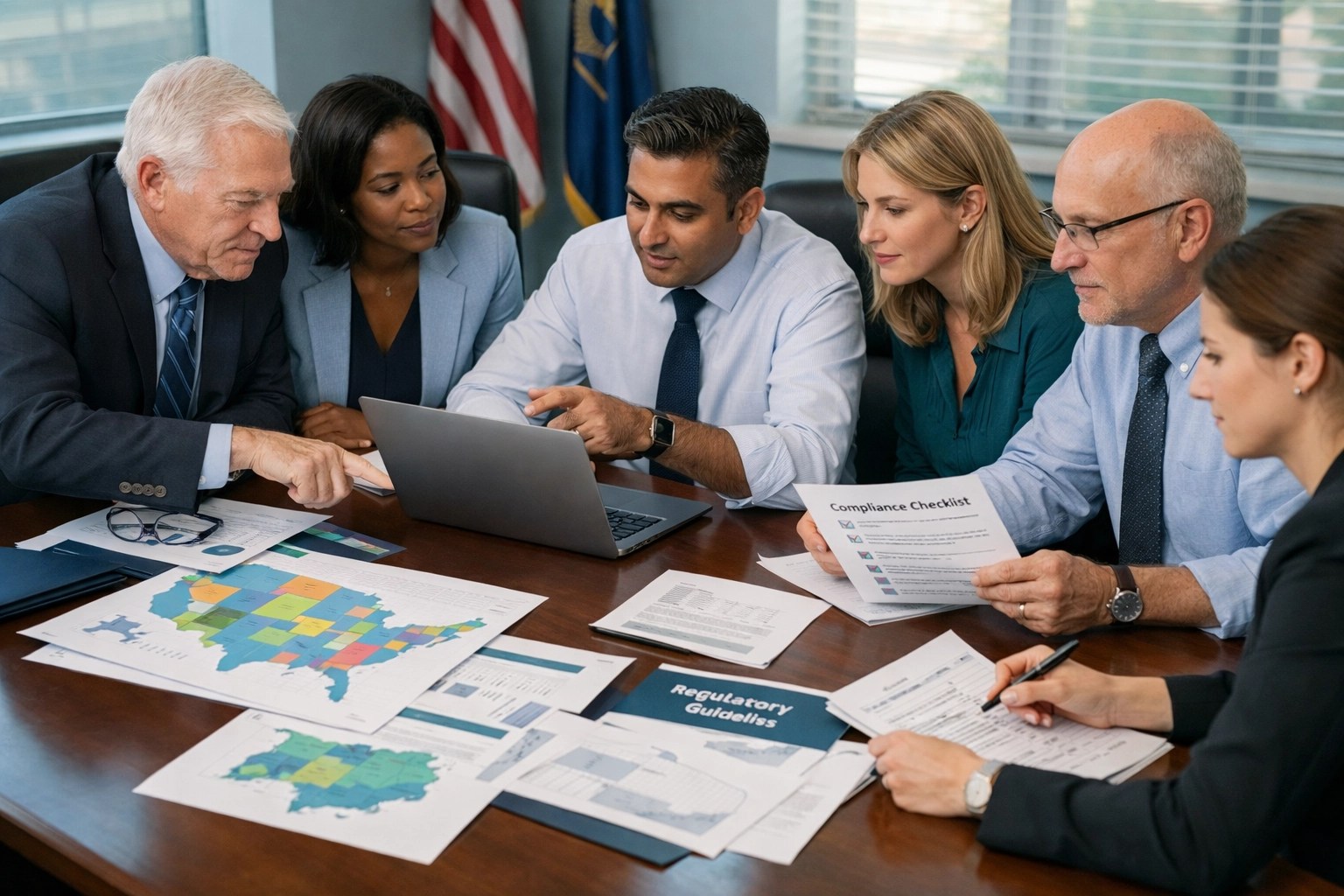 Government professionals reviewing campaign finance compliance documents and state regulations