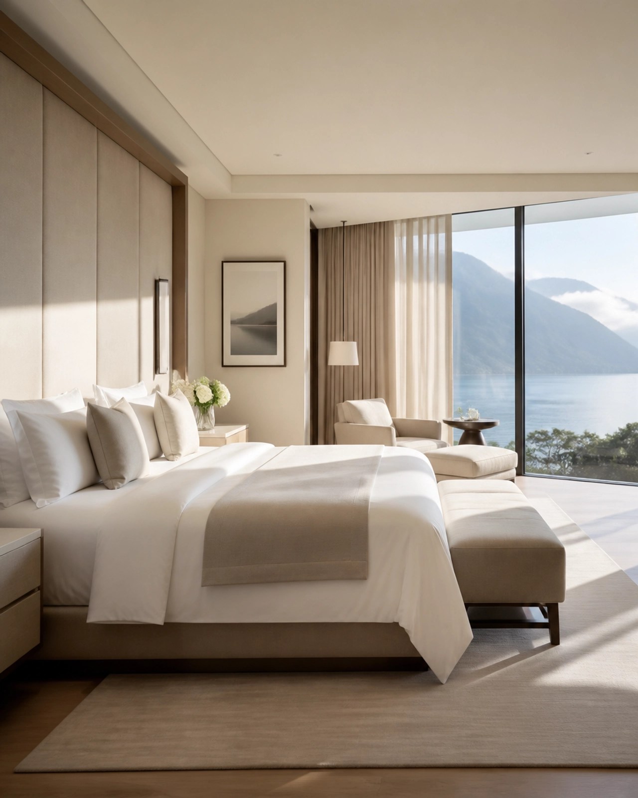 A luxury hotel suite bedroom bathed in warm morning light with soft neutral colors.