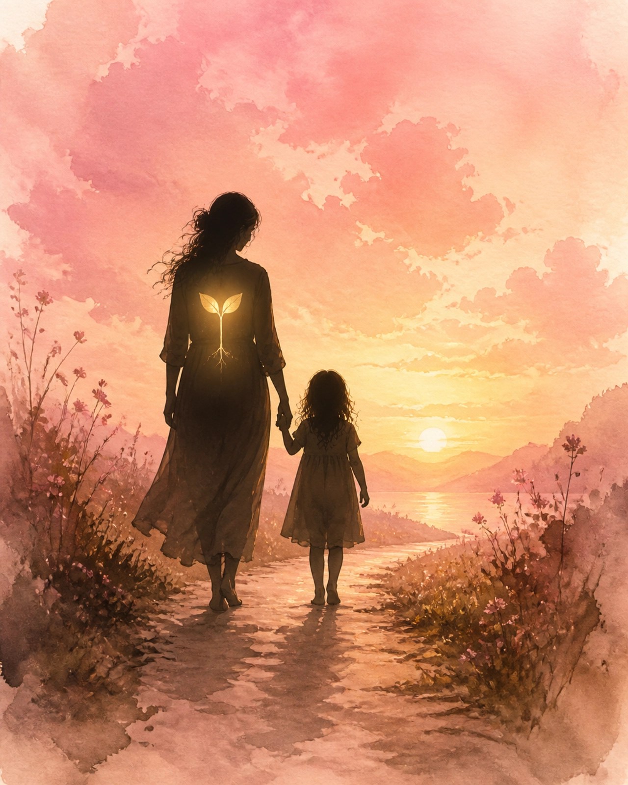 A mother and child silhouette walking along a path during a soft sunset, representing the journey of mentoring and intentional parenting.