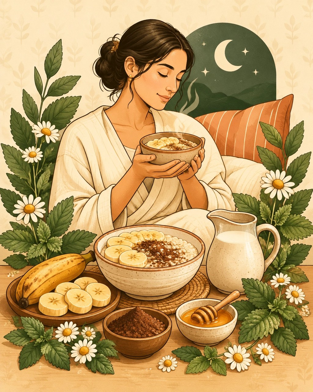 Ilustración de avena tibia, plátano, leche vegetal, cacao, miel y plantas aromáticas para una rutina de bienestar nocturno