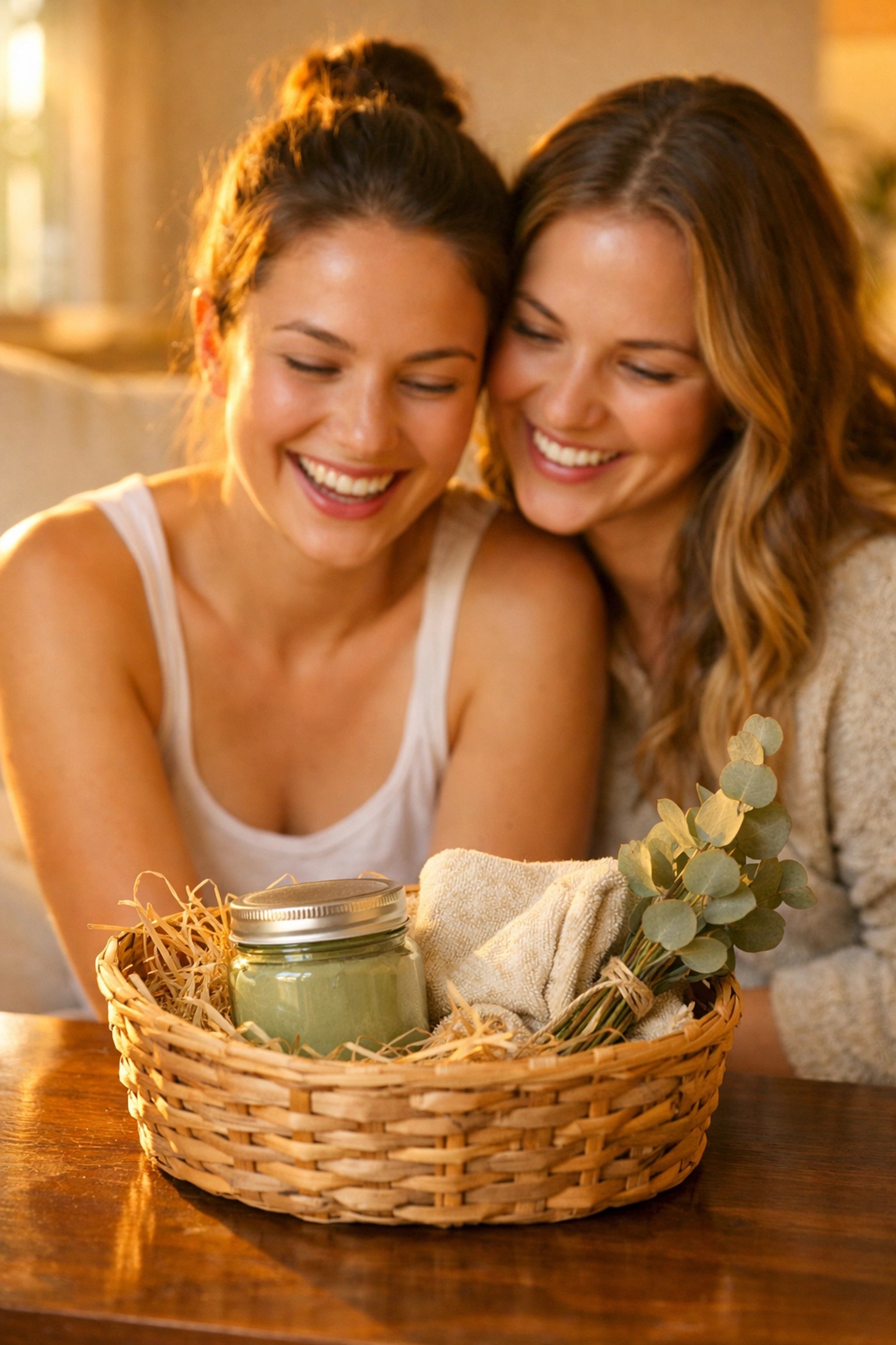Sisters sharing a green clay skincare gift set for natural detox and a healthy facial glow.