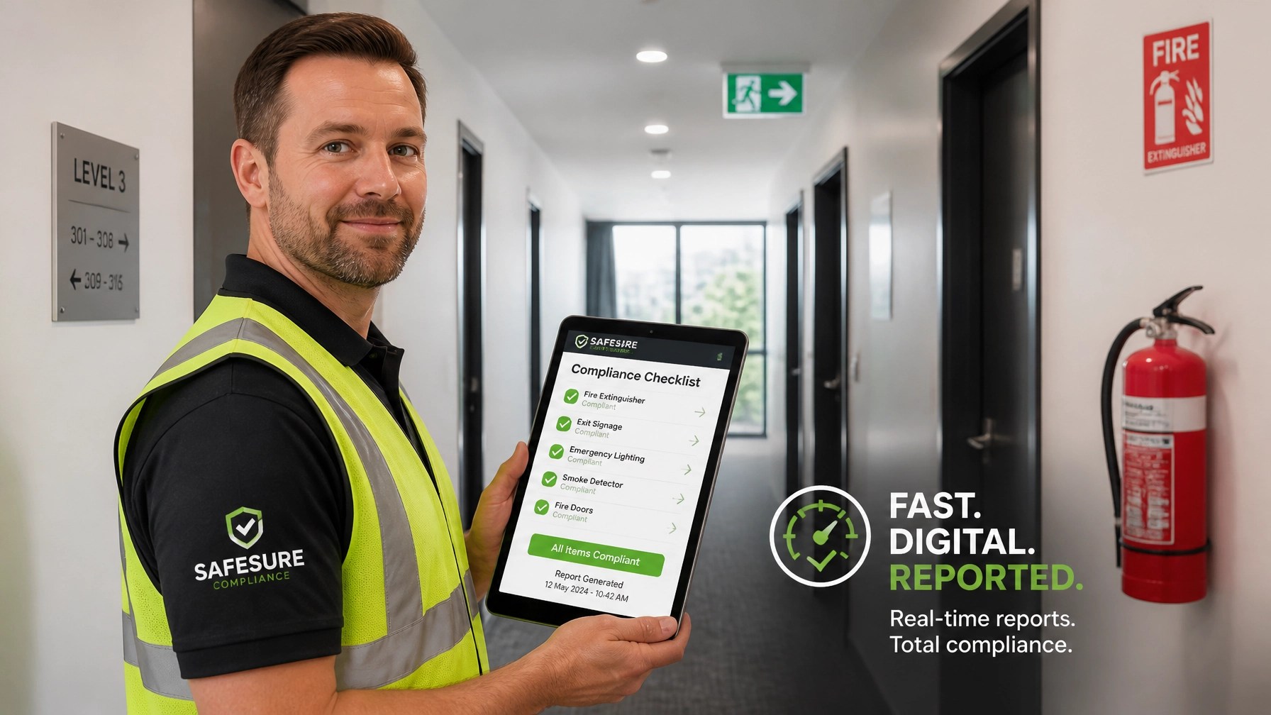 Safety technician using a digital tablet to record compliance data in a strata building