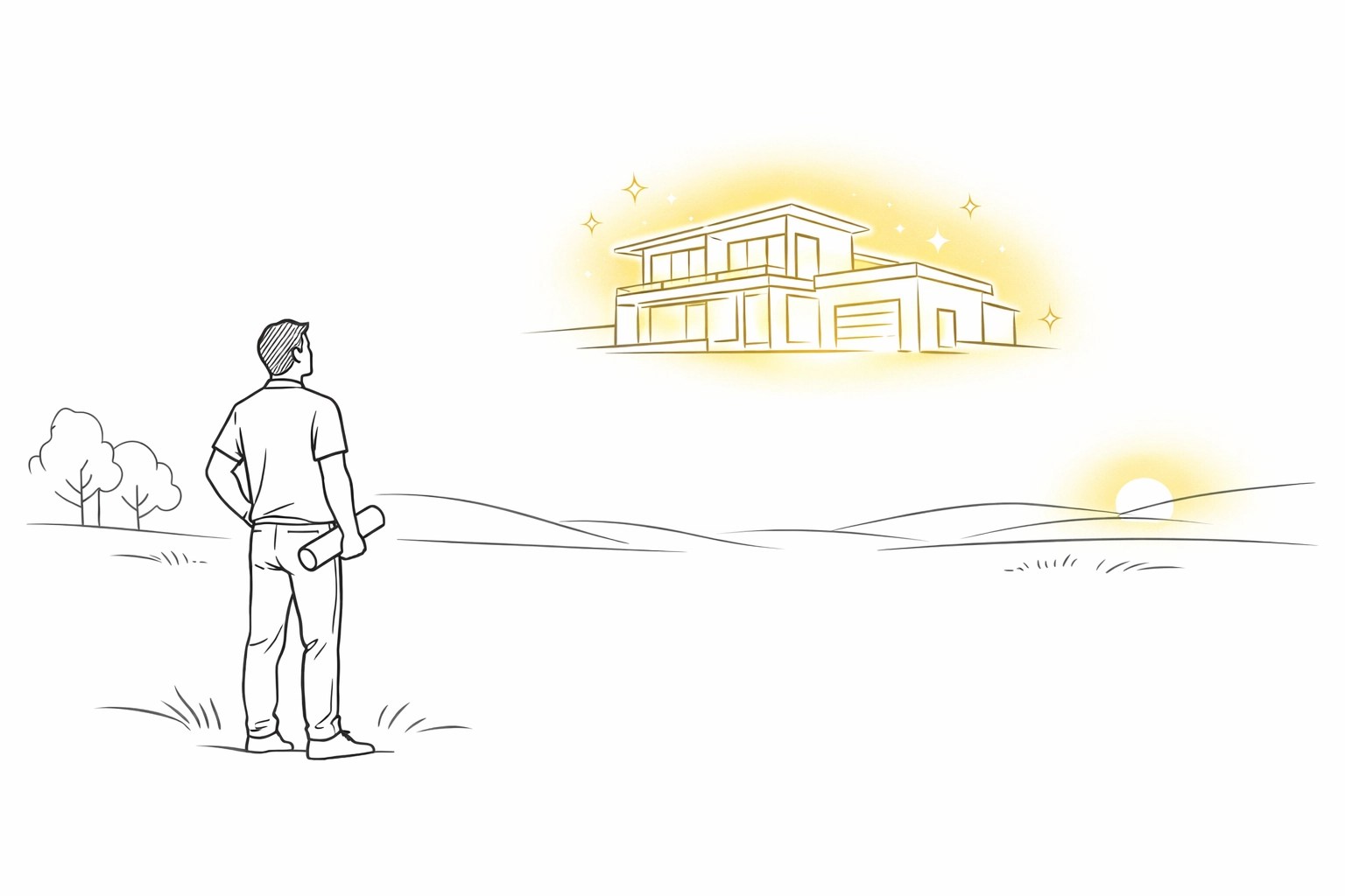 Homeowner dreaming of a custom home design with a minimalist architectural outline.