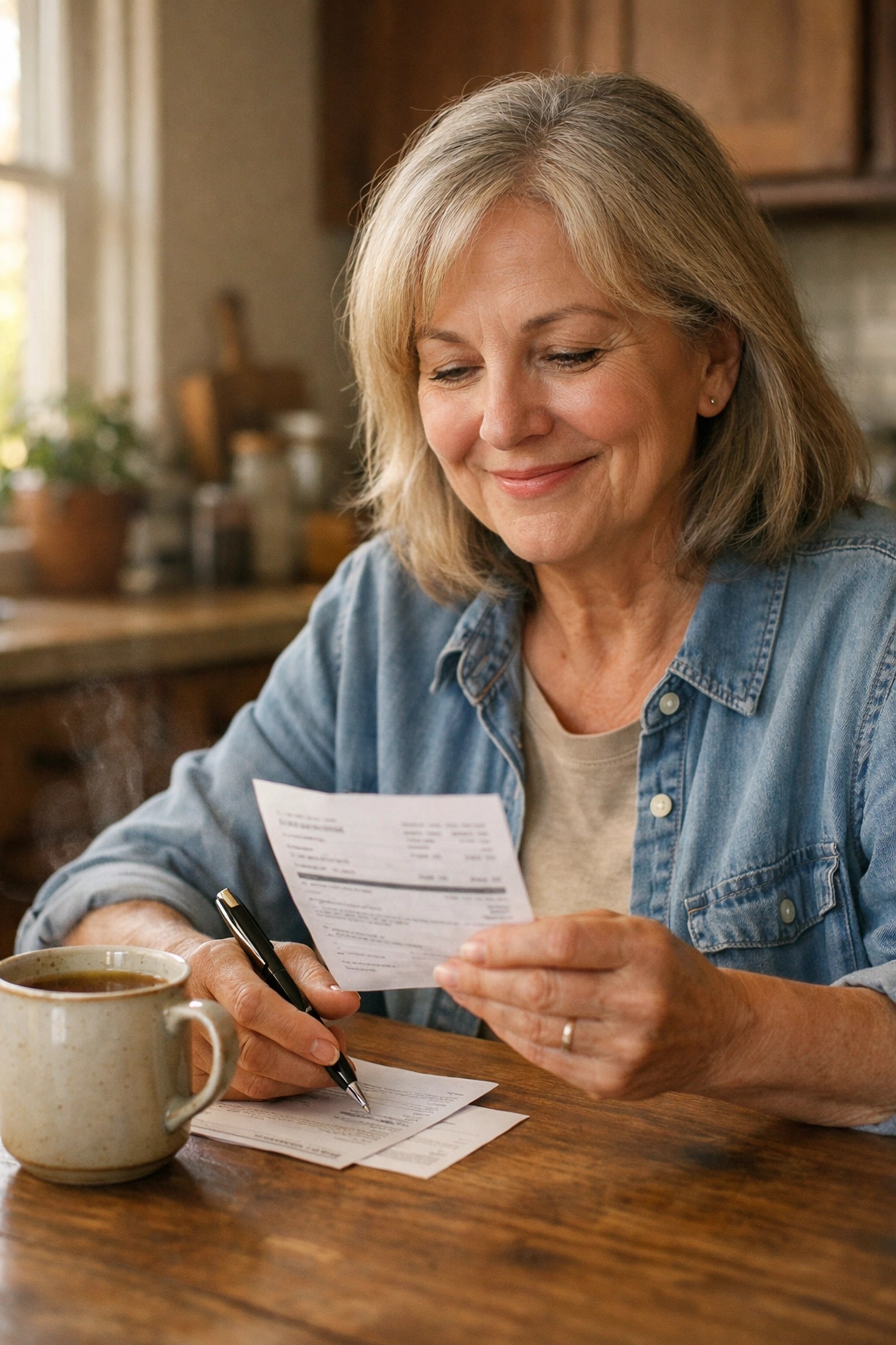 A senior woman smiling with relief after paying off a small bill using the debt snowball method.