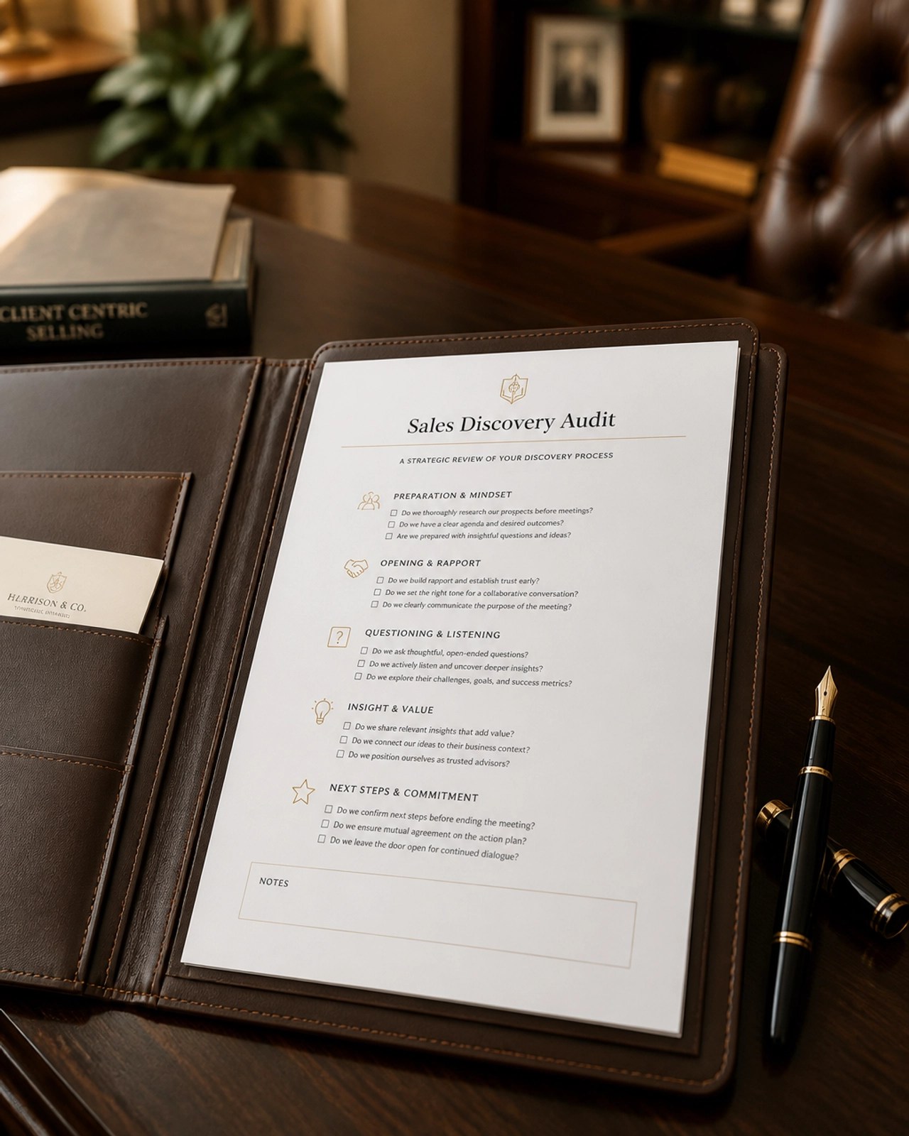 A premium leather folio on a desk with a Sales Discovery Audit document and a fountain pen.