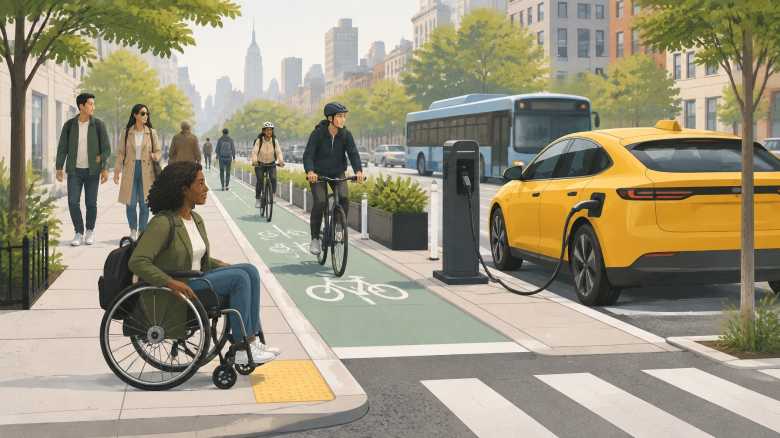 Urban residents, an electric taxi, a wheelchair user and cyclists sharing a cleaner city street
