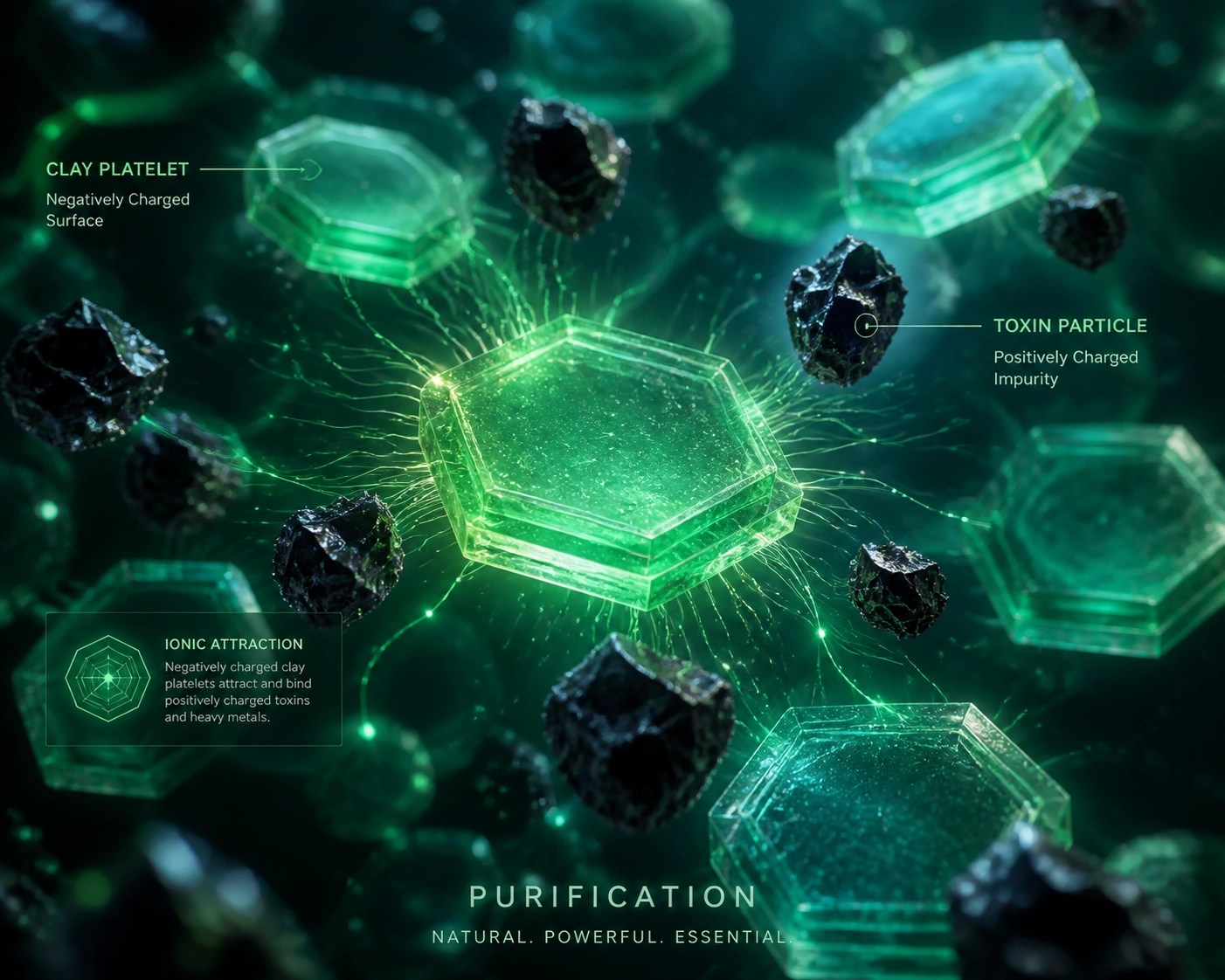 Microscopic visualization of French green clay particles attracting and binding toxins through ionic charge.