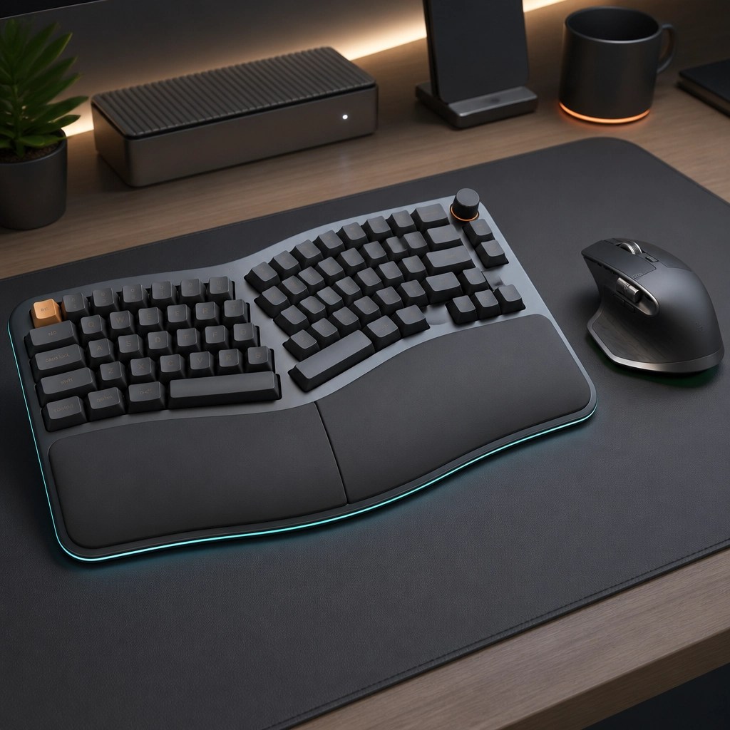 Ergonomic keyboard and mouse illustration