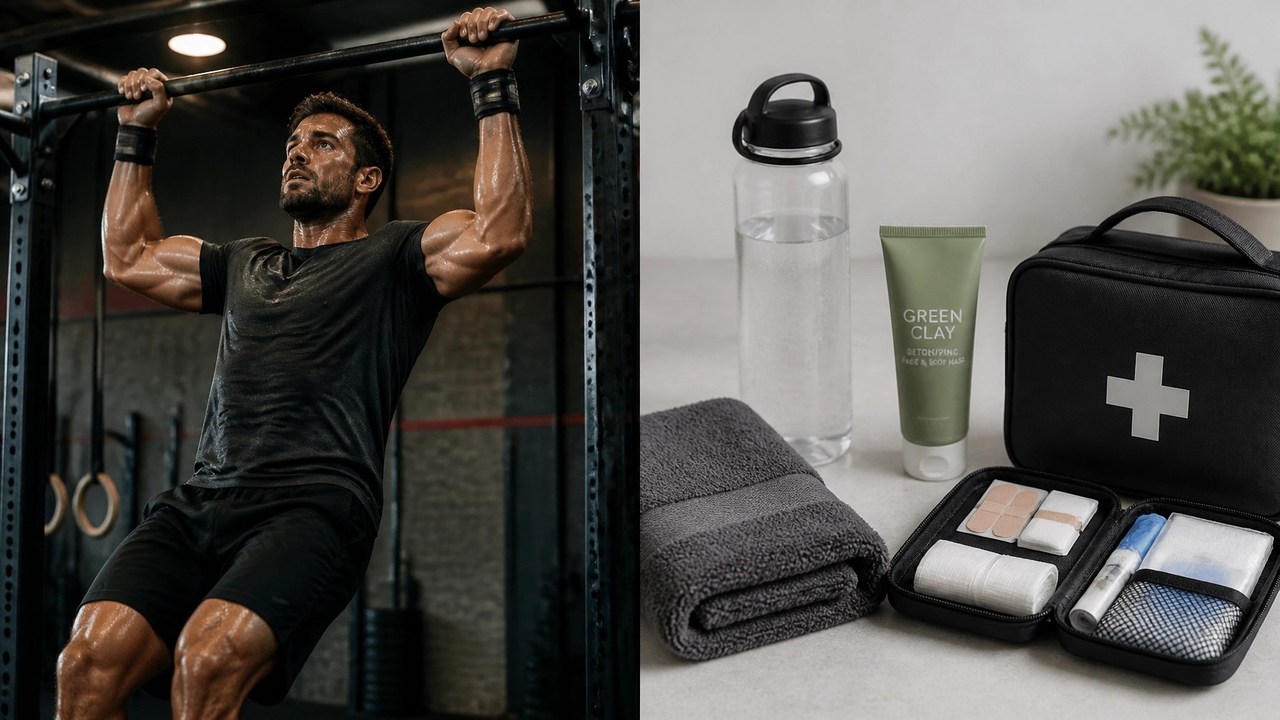 Contrast between intense CrossFit training and a clean hygiene recovery kit