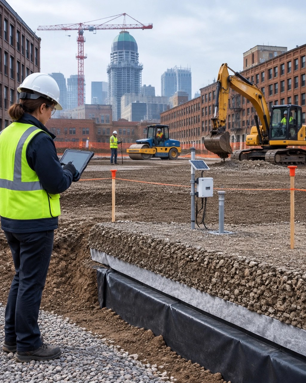 Environmental inspector documenting a maintained engineered cap and land use control at an active urban redevelopment site