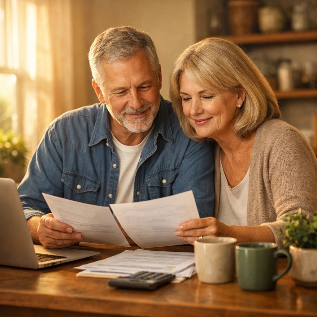 Couple reviewing retirement financial planning documents with MYGA strategy