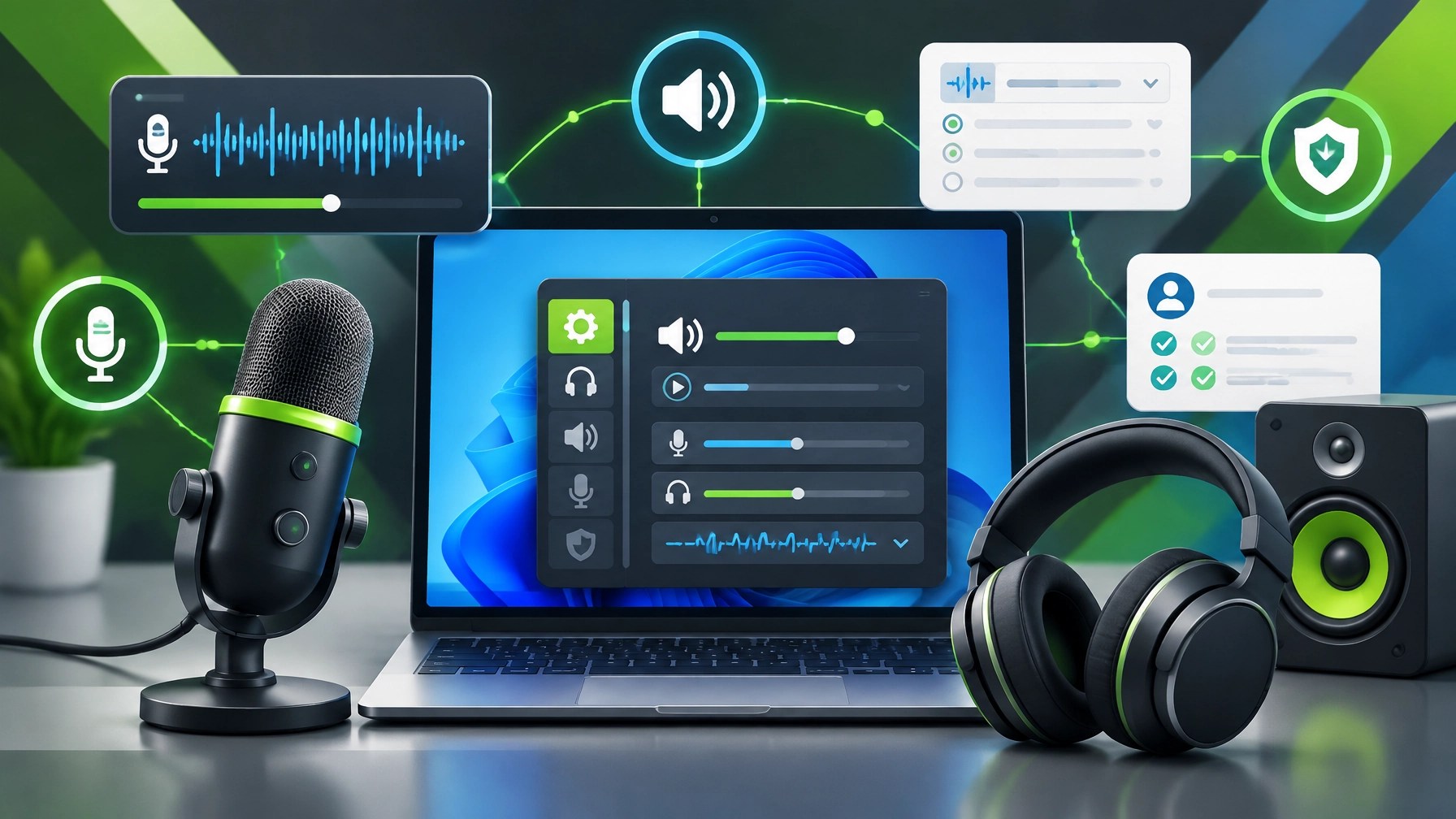 Windows audio troubleshooting concept with USB microphone, headphones, and settings controls