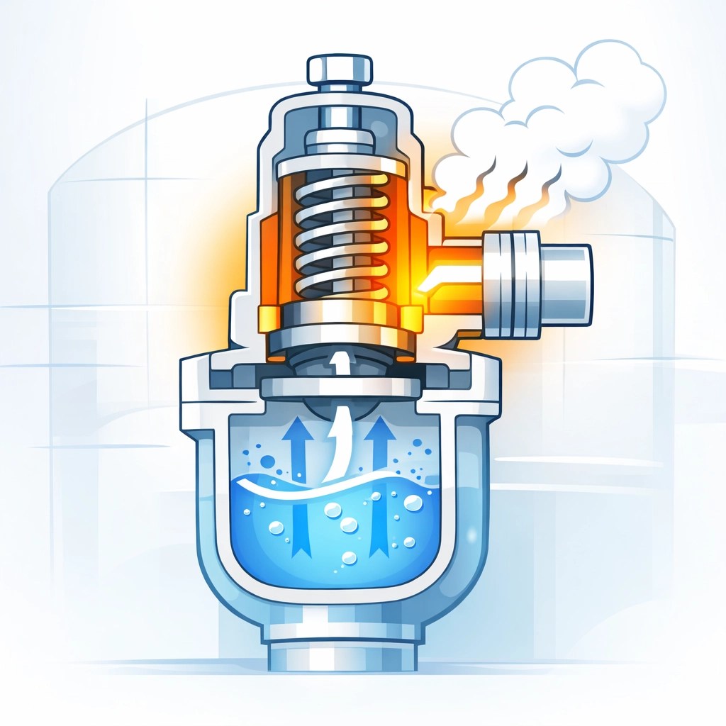 Pressure relief valve diagram showing water flow and steam release mechanism