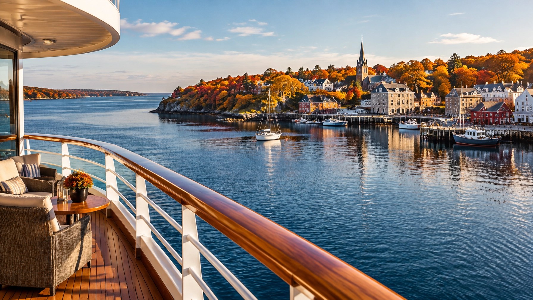 Autumn Canada and New England harbor view from an elegant cruise ship deck