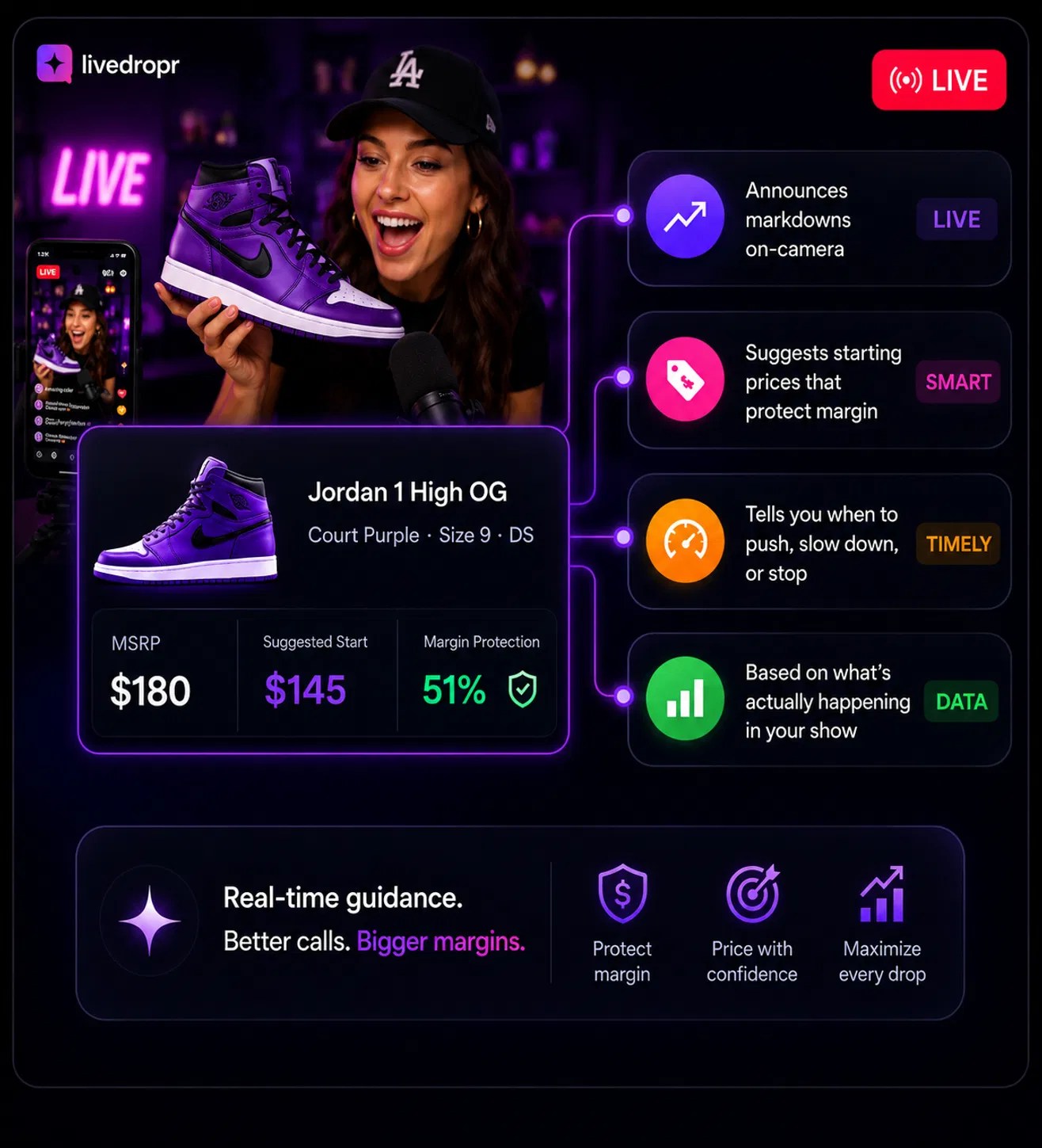 A live seller using livedropr to check MSRP and margins in real-time while selling sneakers