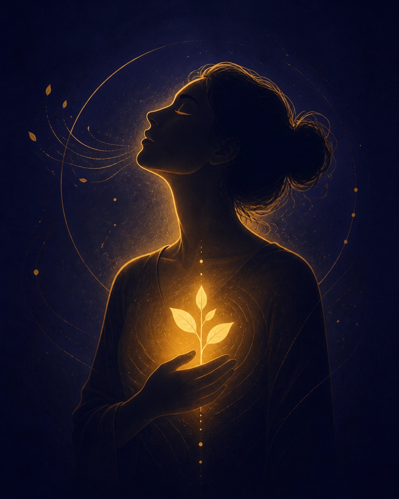 A silhouette of a woman in a dark indigo space, taking a deep breath with a glowing seedling in her chest.