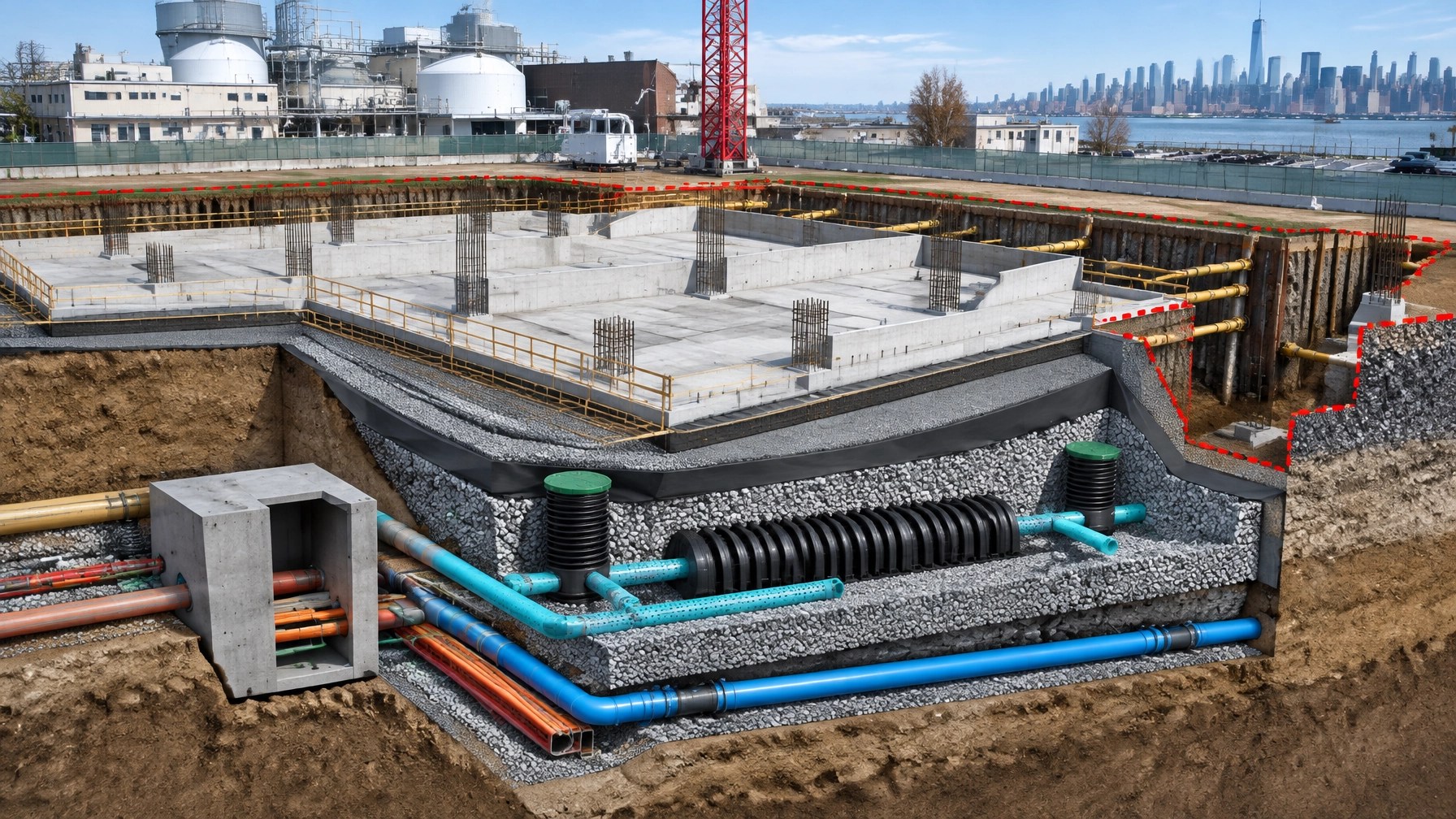 Civil design visualization showing foundation, utility corridors, stormwater controls, and historic fill management