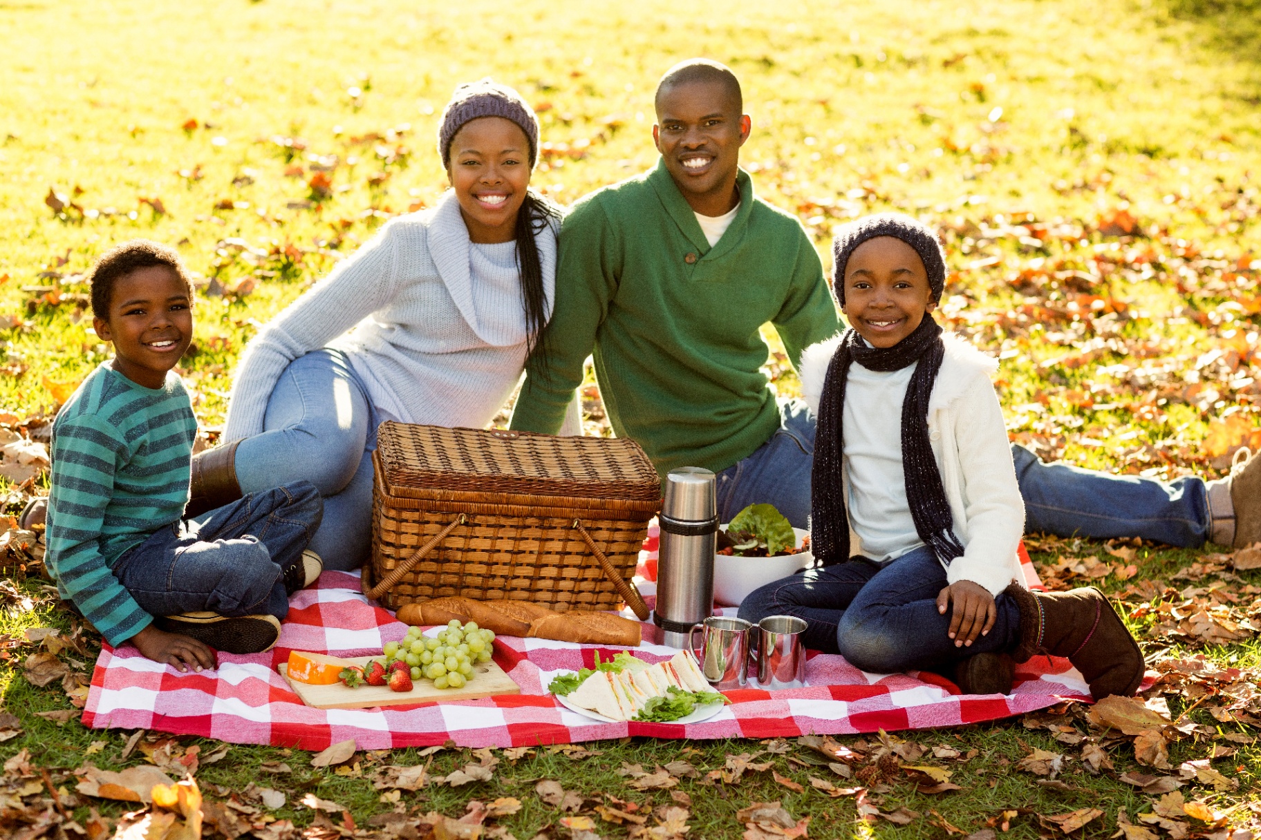 A family enjoying an outdoor picnic vibe, showing the relaxed and fun atmosphere of a professional session.