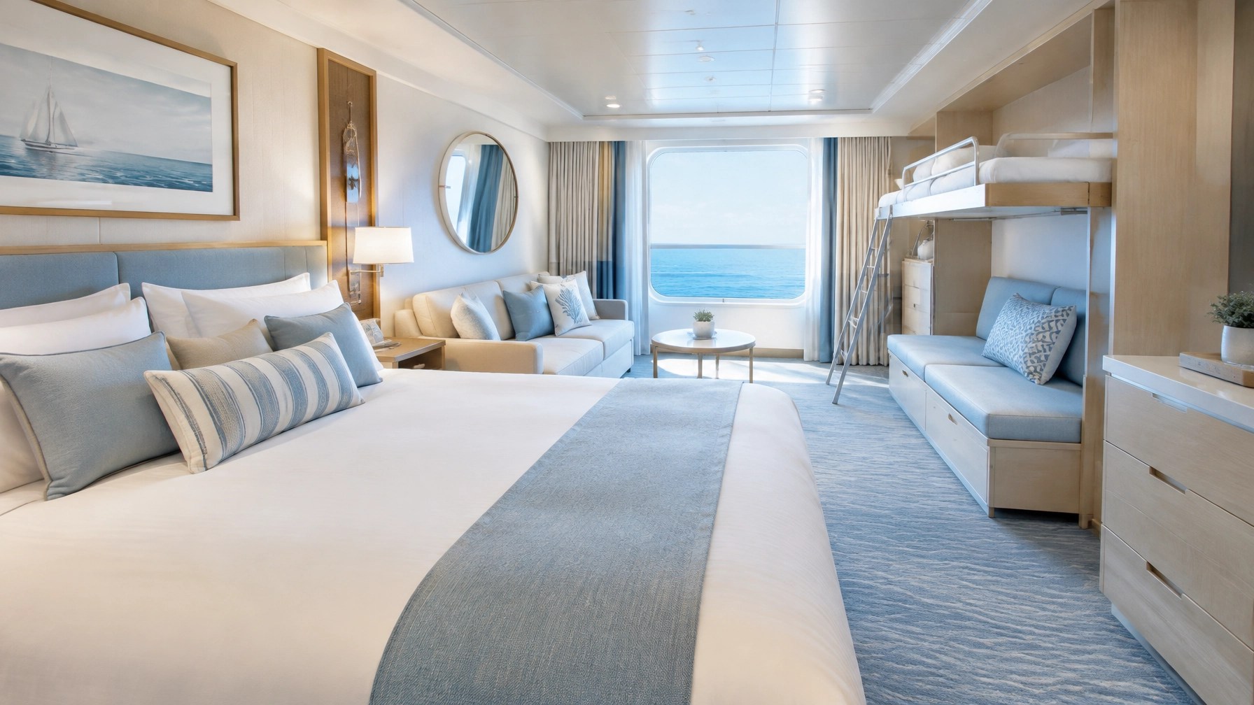 A calm, bright family cruise stateroom with a bed, sofa and ocean-view window