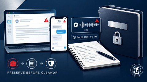 Illustration of preserved emails, text messages, timestamps, chronology notes, and a locked evidence folder