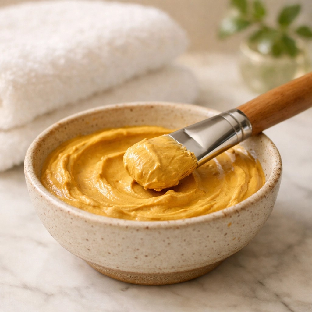A freshly mixed French green clay, sandalwood, and turmeric mask paste in a bowl with a wooden applicator brush.