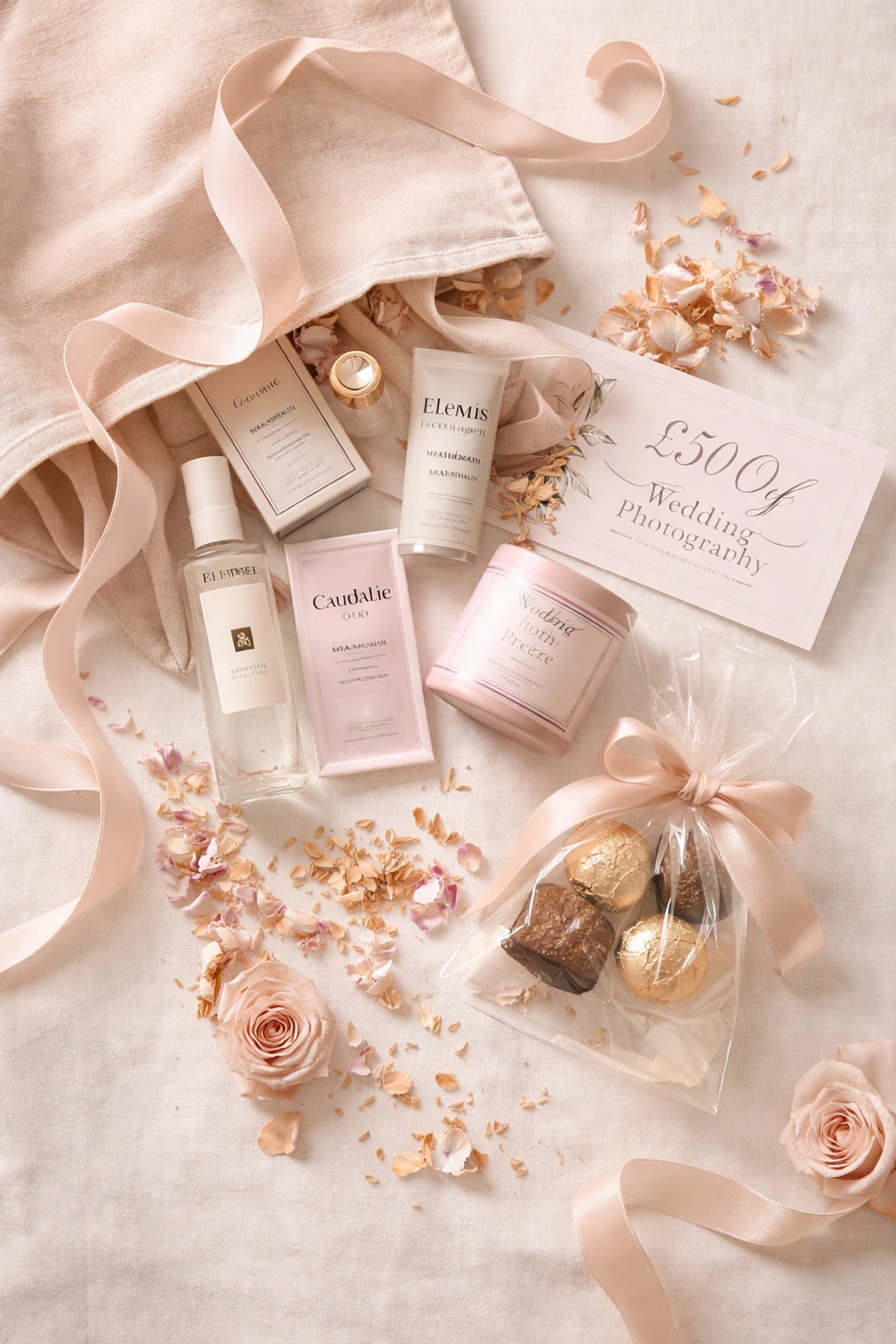 Wedding fayre goody bag contents with beauty samples, chocolates, and discount vouchers