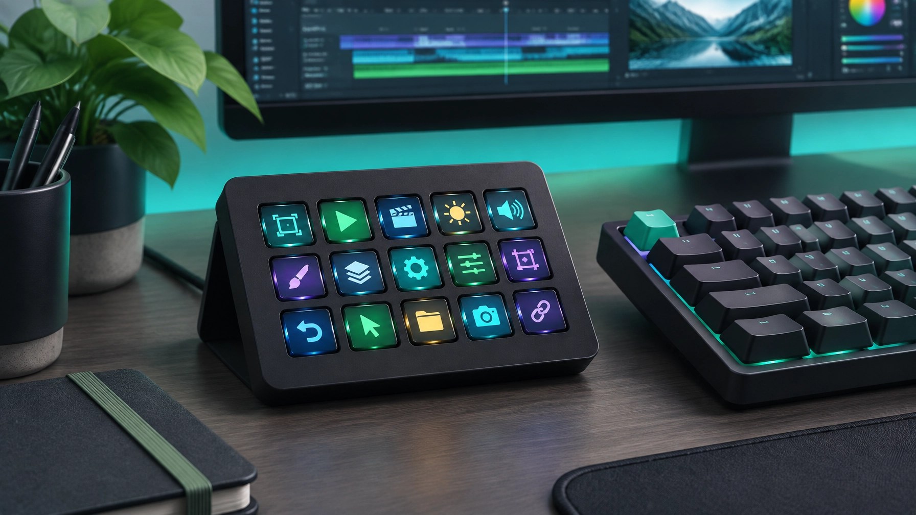 A black desktop control pad with 15 illuminated programmable keys beside a keyboard