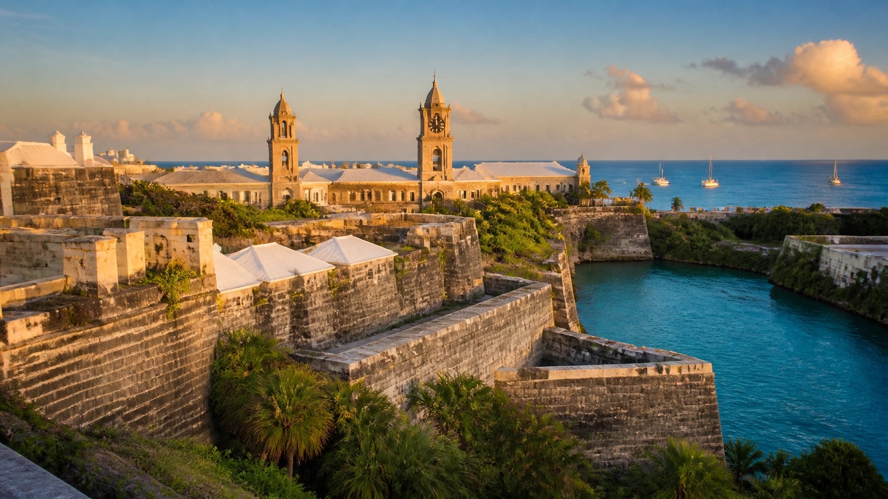 Historic Royal Naval Dockyard in Bermuda with honey-colored stone buildings and blue harbor water