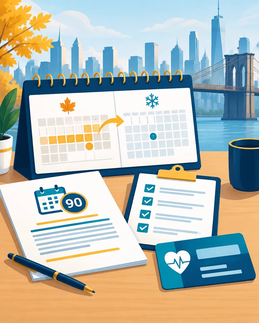 New York small business benefits calendar showing 90-day ICHRA notice planning for January 2027