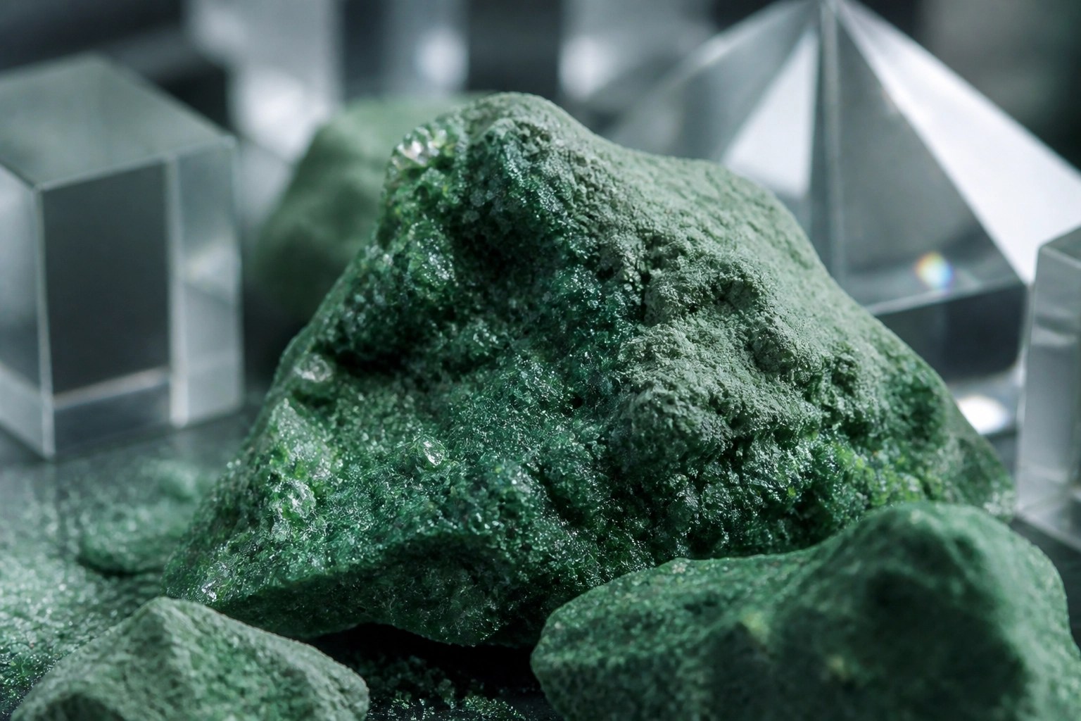Macro view of raw French green clay mineral fragments highlighting its natural detoxifying properties.