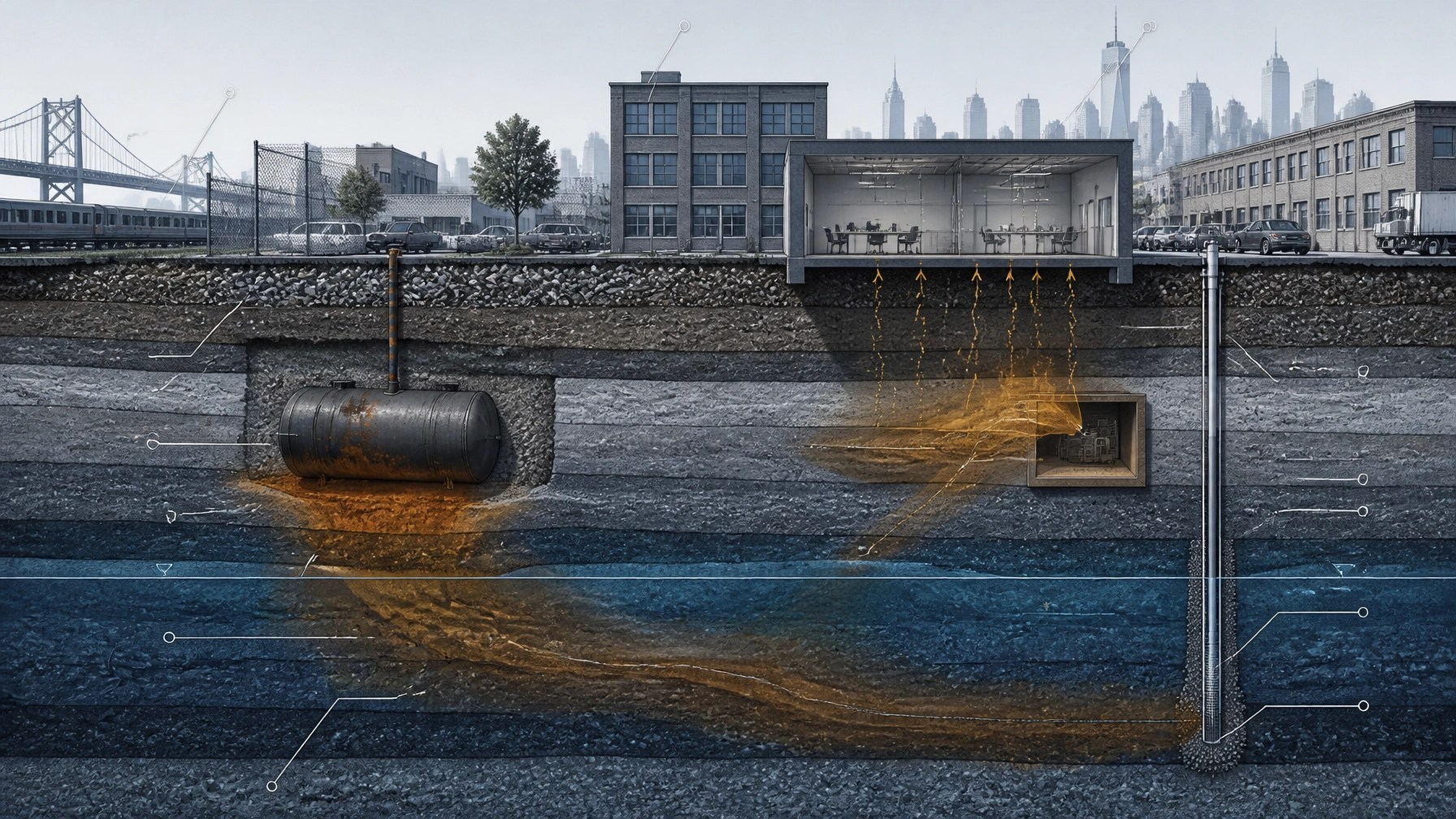 Technical cross-section showing historic fill, an underground storage tank, groundwater, and vapor migration beneath an urban commercial property