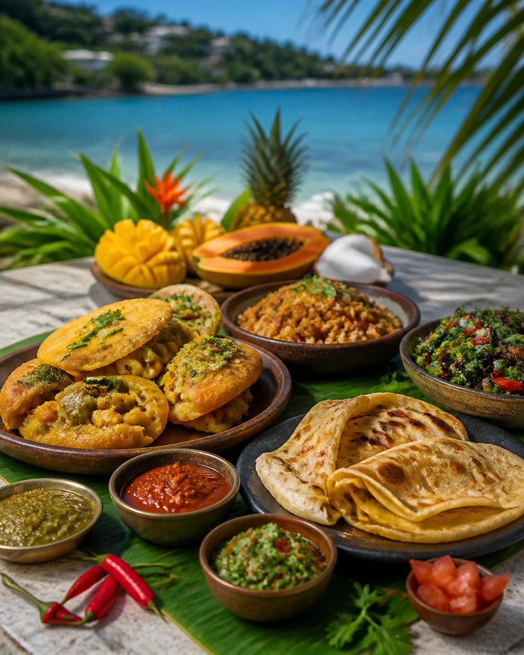 Elegant Trinidad and Tobago-inspired spread with doubles, roti, pelau, callaloo, fruit, and chutneys