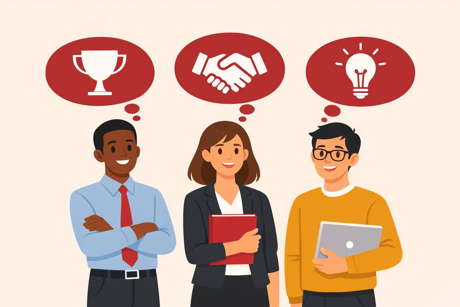 Three professionals with different motivations illustrating DiSC assessment diversity in teams