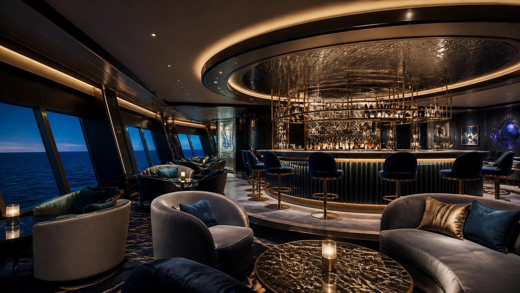 Sophisticated cruise ship lounge bar with plush seating, ambient lighting, and a stylish upscale atmosphere