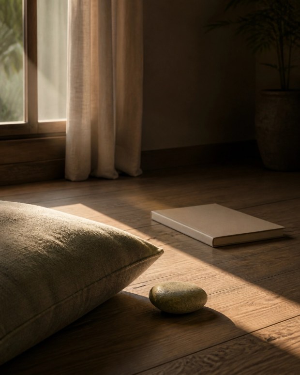 A linen cushion, grounding stone, and beam of light across a quiet room