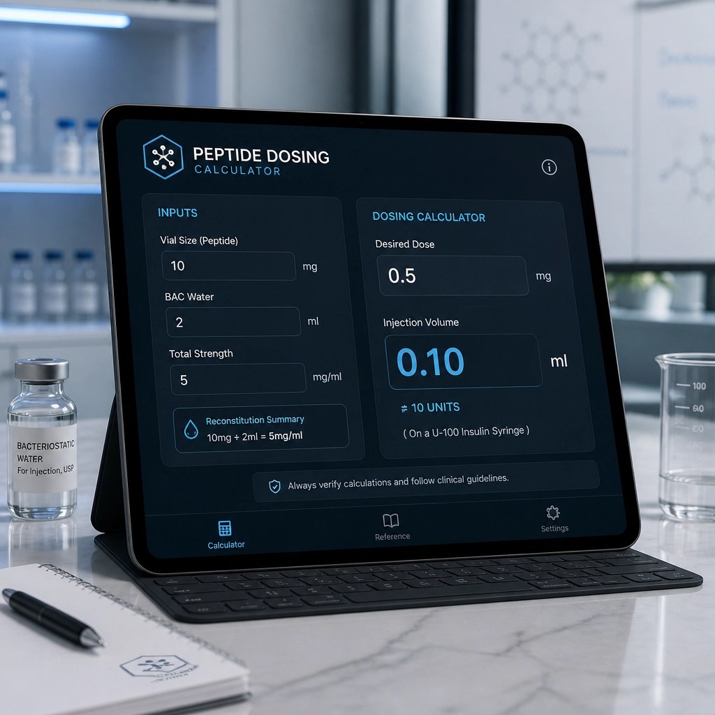 A minimalist digital interface of a peptide dosing calculator on a tablet.